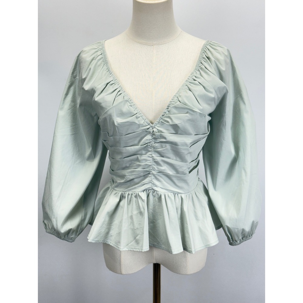 Express Mint Green Ruched Peplum Top Puff Sleeve Smocked Back V-Neck Blouse S